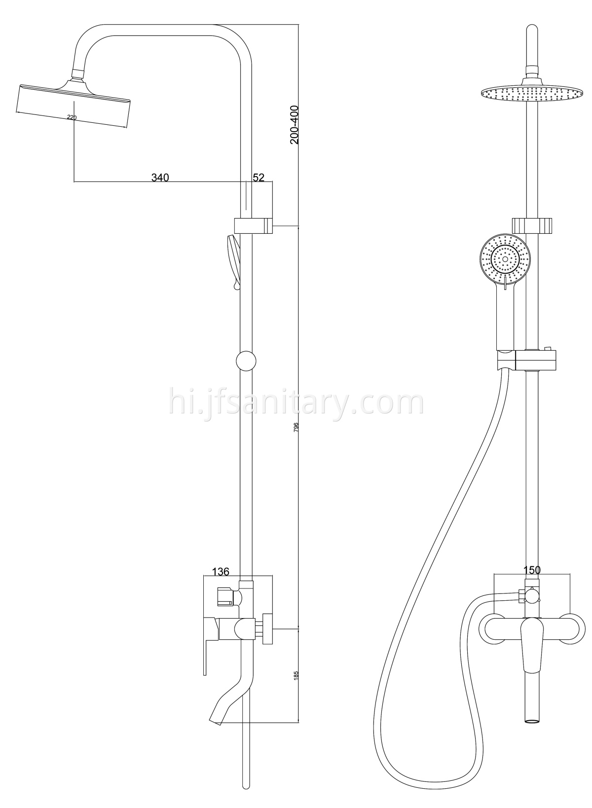 Dimension drawing of Sliding Bar Brass Shower Mixer For Bathroom